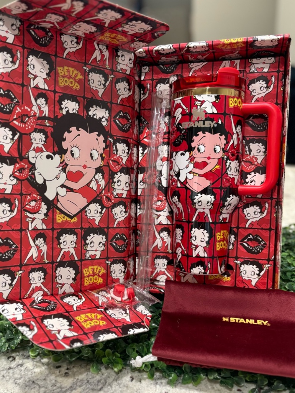 Customized Stanley goossy Red and White Betty Boop Travel Mug with Red Handle